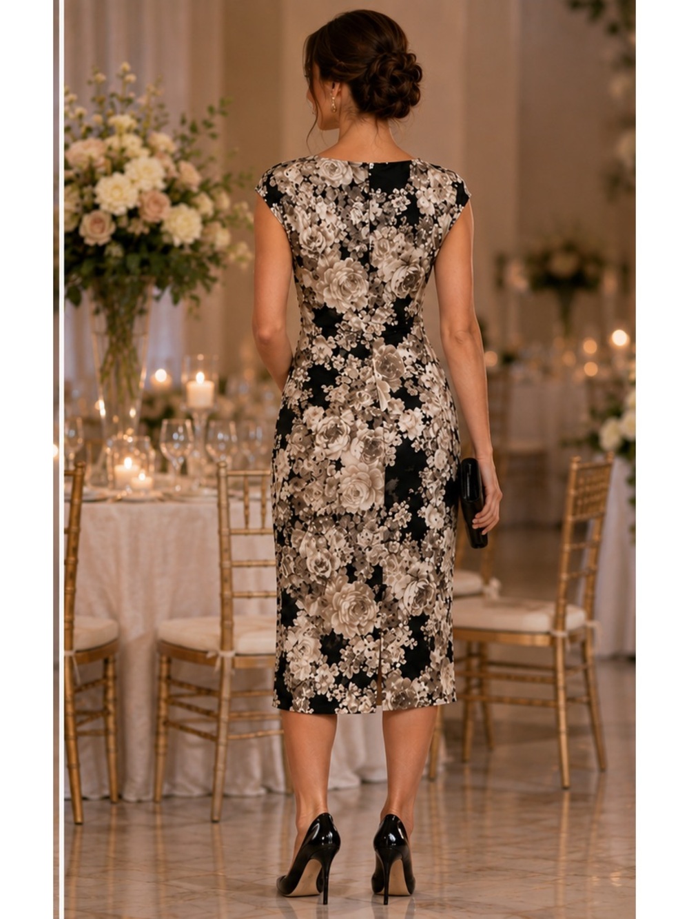 connected apparel Black and Cream Floral Midi Dress with Keyhole - Picture 4 of 16